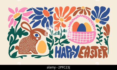 Happy Easter greeting card illustration in doodle matisse art style. Colorful elements, flowers, rabbit, leaf, basket, egg and quote text in freehand Stock Vector