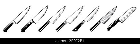 various chefs knife outline set german and japanese styles  lineart outline silhouettes vector isolated on white background Stock Vector