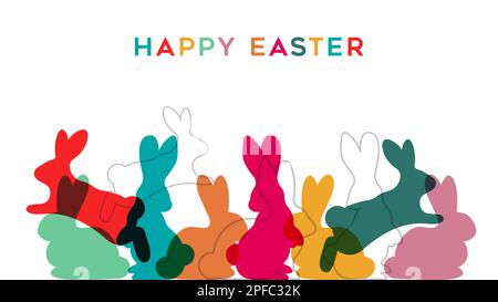 Happy Easter greeting card illustration with different silhouettes of rabbits in transparent bright flat colors design on isolated background. Colorfu Stock Vector