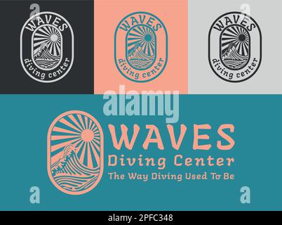 Waves water with sun diving center and surfing club aqua sunny beach and summer day Stock Vector