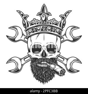 Skull smoking cigar or cigarette with mustache with beard in crown and construction builder plumbing wrench or repair car and truck mechanic tool Stock Vector