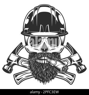 Skull smoking cigar or cigarette with mustache and beard and helmet hard hat builder crossed hammers from new construction and remodeling house Stock Vector
