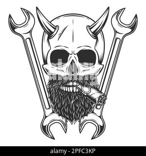 Skull smoking cigar or cigarette with mustache with beard and horn with construction plumbing wrench or repair car and truck mechanic service tool Stock Vector