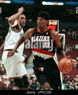 Scottie Pippen of the Portland Trail Blazers looks on the court