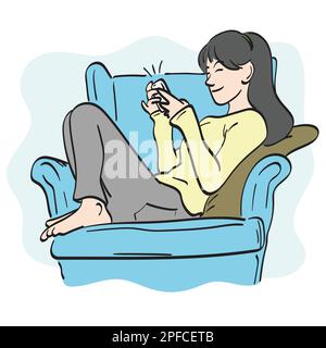 line art woman using smartphone on sofa illustration vector hand drawn isolated on white background Stock Vector