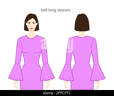 Bell sleeves long length clothes character lady in purple dress, top, shirt technical fashion illustration with fitted body. Flat apparel template front, back sides. Women, men unisex CAD mockup Stock Vector