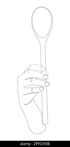 One continuous line of hand holding a Wooden Spoon. Thin Line Illustration vector concept. Contour Drawing Creative ideas. Stock Vector