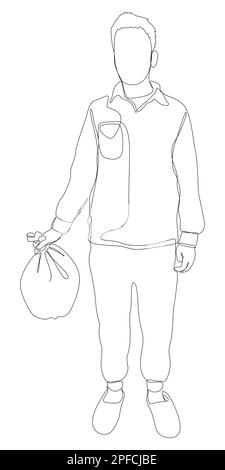 One continuous line of man collecting plastic garbage in the trash bag. Thin Line Illustration vector concept. Contour Drawing Creative ideas. Stock Vector
