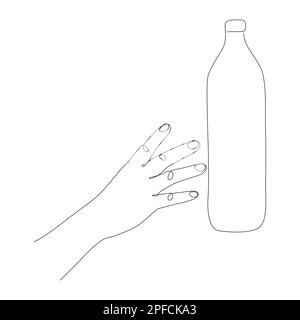 One continuous line of hand reaching for plastic bottle, collects trash. Thin Line Illustration vector concept. Contour Drawing Creative ideas. Stock Vector