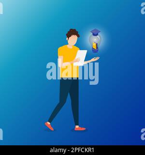 Business man having a great idea while reading a book. Business man holding light bulb on background. Stock Vector