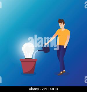 Business concept illustration of a businessman watering young plant with light bulb. Creative thinking and idea concept. Vector illustration. Stock Vector