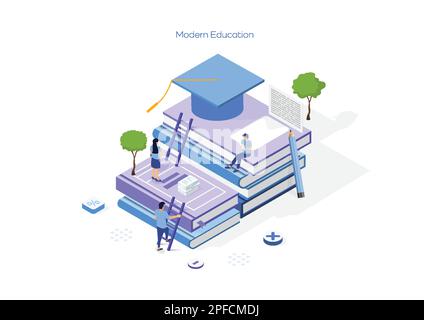 Education concept. Student ascending pile of books with graduation cap on top. Isometric vector illustration. Stock Vector
