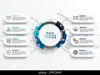 Vector infographic template with 3D paper label, integrated circles. Technology concept with 8 options. For content, diagram, flowchart, steps, parts, Stock Vector