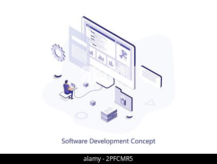 Software development isometric web concept. People program in different languages, working with code, optimize and customize programs scene. Vector il Stock Vector