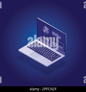 Analysis data and Investment. Business success.Financial review with laptop and infographic elements. 3d isometric flat design. Vector illustration. Stock Vector