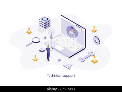 Technical support isometric landing page template. Call center worker having chat with client online. Cartoon customer helpline consultations. Hotline Stock Vector