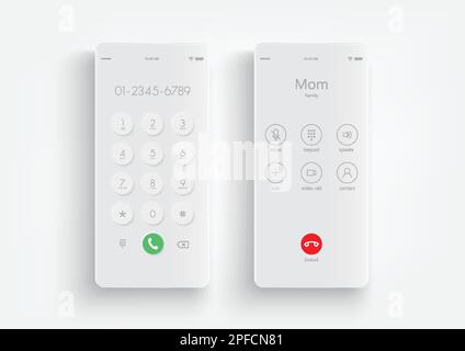Phone screen call mockup. Mobile device interface template. Incoming call smartphone display. Keypad for template in touchscreen device. Stock Vector