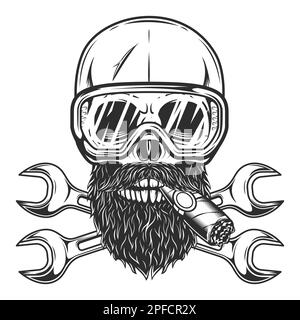 Skull smoking cigar or cigarette with mustache with beard in safety glasses and repair car and truck spanner or construction builder plumbing wrench Stock Vector