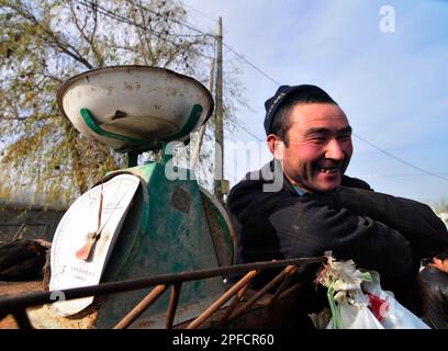 Portrait of a smiling Uyghur man taken at a weekly livestock market in the outskirts of Kashgar, Xinjiang, China. Stock Photo