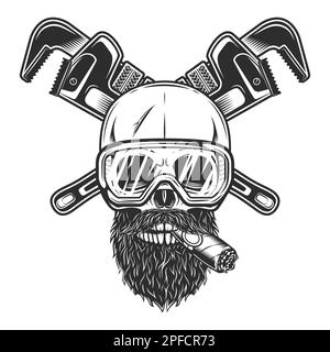 Skull smoking cigar or cigarette in safety glasses with mustache and beard with construction wrench for gas and builder plumbing pipe or mechanic Stock Vector