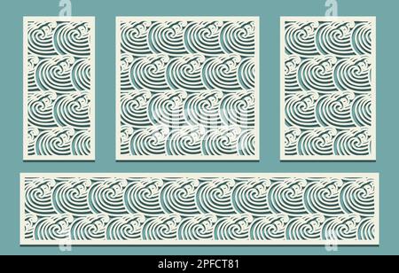 Panels laser cutting set Cutout profile with sea waves asian motif pattern grid Laser cut template stencil of wood metal acrylic interior decor ratio Stock Vector