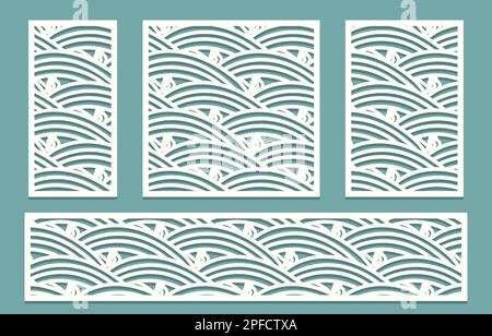 Laser cut template panels set Cutout profile with sea waves asian motif pattern grid Laser cutting stencil of wood metal acrylic interior decor ratio Stock Vector