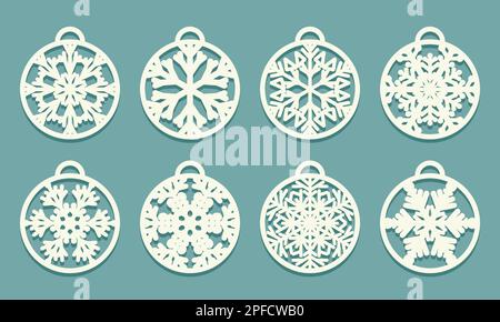 Snowflakes laser cutting Christmas balls cut out of paper Set of sample Templates Xmas tree decoration Card for party laser or plotter cut printing se Stock Vector