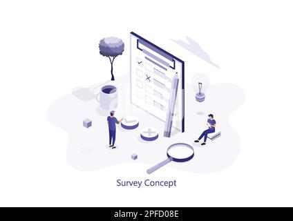 Online survey concept with characters. Can use for web banner, infographics. Flat isometric vector illustration isolated on white background. Stock Vector