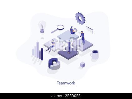 Teamwork concept with puzzle. Can use for web banner, infographics, hero images. Isometric vector illustration isolated on white background. Stock Vector
