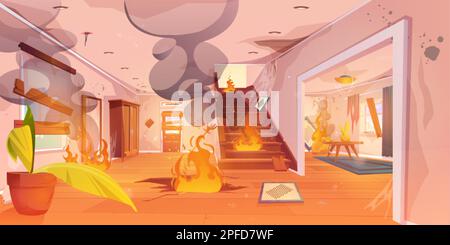 Burning fire inside home. Accident scene with flame and smoke in house hall. Old abandoned countryside cottage interior of corridor, living room and s Stock Vector