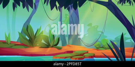 Cartoon jungle landscape with river. Vector illustration of tropical forest landscape with green bushes, grass, liana vines hanging on trees, blue lak Stock Vector