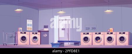 Public laundry room interior design. Vector cartoon illustration of laundromat with row of washing and drying machines, detergent powder boxes, cash r Stock Vector