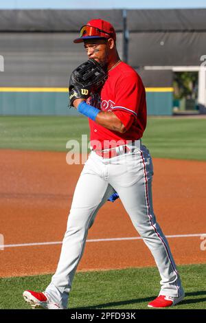 MARCH 16, 2023, Lakeland FL USA; Philadelphia Phillies shortstop Edmundo Sosa (33) heads to the dugout during an MLB spring training game against the Stock Photo