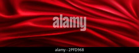 Realistic red silk top view vector background. Luxury satin cloth with drape texture pattern. Textile smooth drapery material wallpaper. Elegant and s Stock Vector
