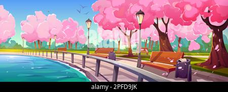 Riverside park with sakura trees blooming along promenade. Vector cartoon illustration of sunny day in spring public garden, cherry blossom with pink Stock Vector