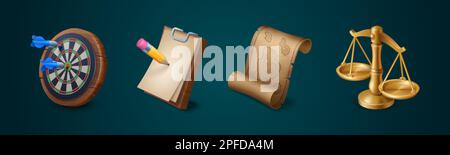 Game icons of target, map, clipboard and scales. 3d game props, dart goal with arrows, notepad with pencil, ancient scroll with map and balance scales Stock Vector