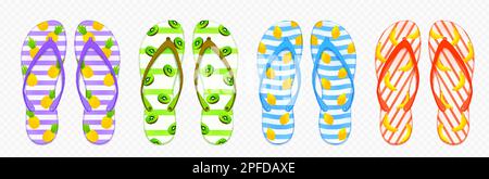 Colorful flip flops set isolated on transparent background. Vector realistic illustration of summer beach slippers with stripes and tropical fruit pat Stock Vector