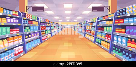 Aisle in grocery store and shelves with food vector background. Supermarket interior background perspective view. Merchandise in hypermarket with disp Stock Vector