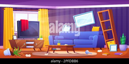 Messy living room interior design. Vector cartoon illustration of disorder at home with clothes and garbage scattered over floor, couch and tv, broken Stock Vector