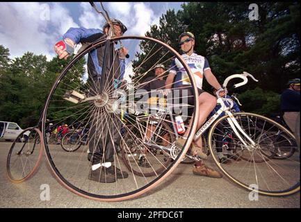 Larry Bilotto right or Holidaysburg Pa. talks with bike shop owner Jeff Rapp left of Butler Pa. about his 1883 vintage Original bike at the beginning of the two day 79.2 mile Keystone