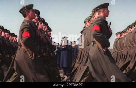 FILE - Russian army soldiers march during an action in support for