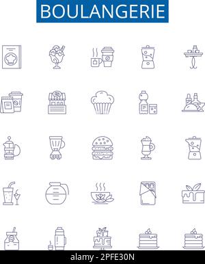 Boulangerie line icons signs set. Design collection of Bakery, Patisserie, Bread, Croissant, Cookies, Viennoiserie, Cake, Tart outline concept vector Stock Vector