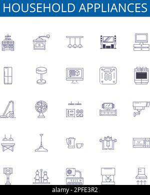 Household appliances line icons signs set. Design collection of Iron, Vacuum, Kettle, Blender, Stand mixer, Toaster, Refrigerator, Stove outline Stock Vector