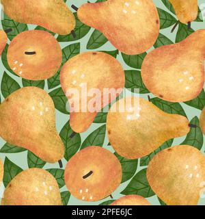 Seamless pattern with fresh pear fruits. Green leaves and hand drawn textured pear fruits on green background. Allover raster print Stock Photo