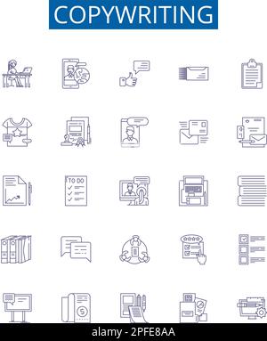 Copywriting line icons signs set. Design collection of Copywriting, Writing, Content, Creativity, Advertising, Scripting, Scripting, Wordsmithing Stock Vector