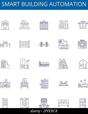 Smart building automation line icons signs set. Design collection of Smart, Building, Automation, IoT, Energy-efficiency, Voice-recognition, Sensors Stock Vector