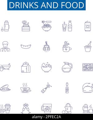 Drinks and food line icons signs set. Design collection of Drinks, Snack, Soda, Juice, Coffee, Beer, Tea, Smoothie outline concept vector Stock Vector