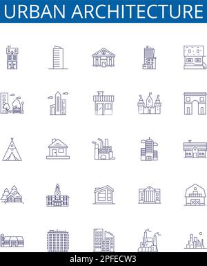 Urban architecture line icons signs set. Design collection of Urbanity, Architecture, Buildings, Skyscrapers, Townhouses, High rises, Cities, Yards Stock Vector