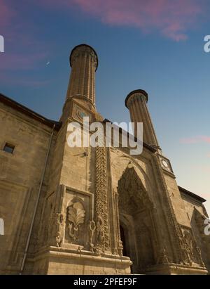 Turkey travel destinations. Twin Minaret Madrasa (Turkish: Çifte Minareli Medrese). Islamic ancient building Stock Photo