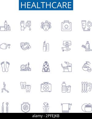 Healthcare line icons signs set. Design collection of Care, Healthcare, Medicine, Treatment, Wellness, Diagnosis, Mental, Health outline concept Stock Vector